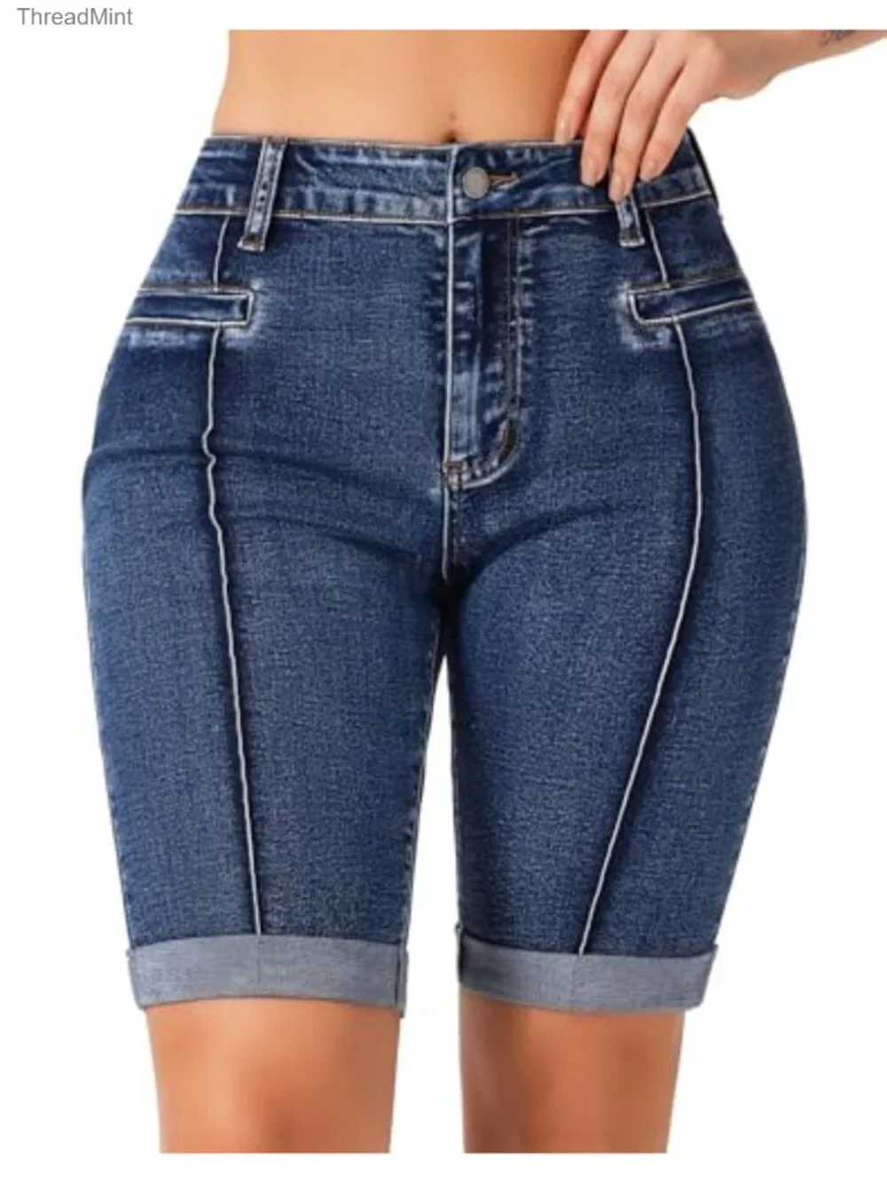 Women's Stretchy Skinny Knee Length Bermuda Jean Shorts with Front Seam Cuffed